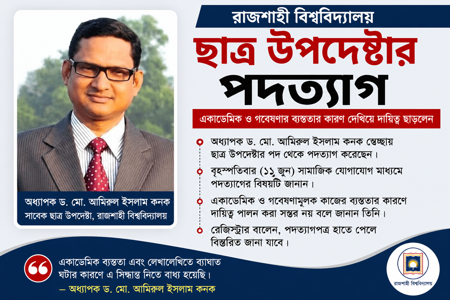 ফেসবুকে পদত্যাগের ঘোষণা দিলেন রাবির ছাত্র উপদেষ্টা